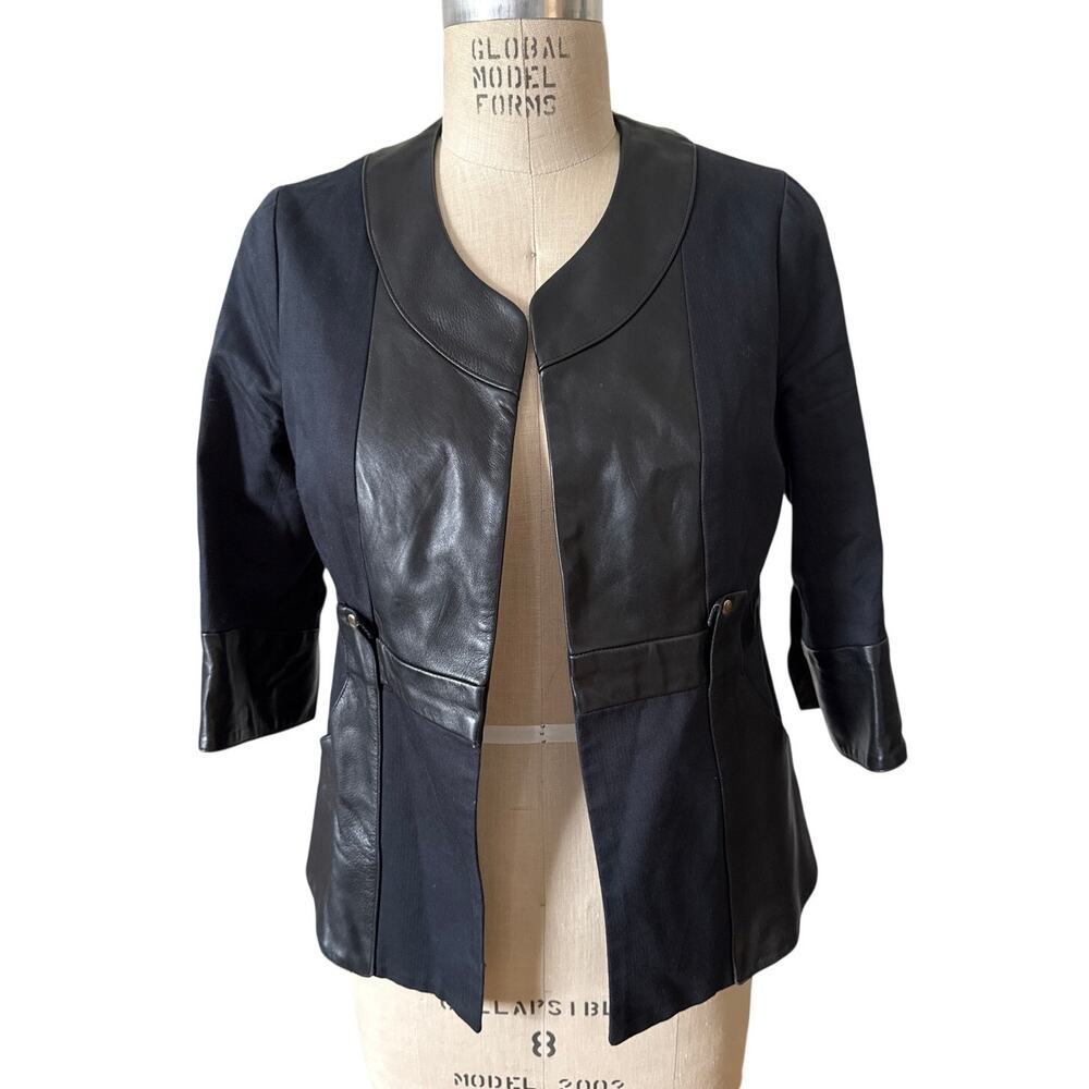 Vintage 90s Mayle Cotton and Leather Blazer in Navy Blue & Black Size 8